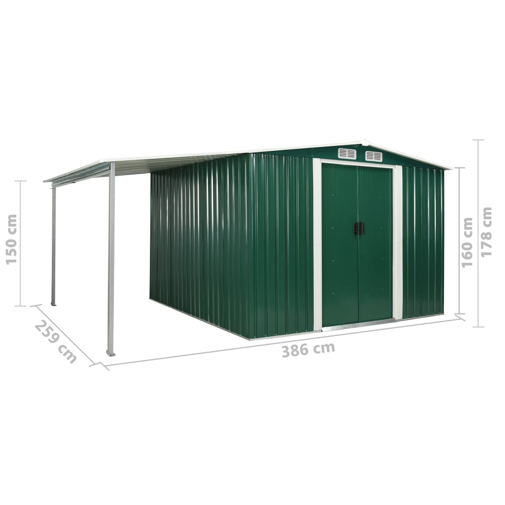 Garden Shed with Sliding Doors Green 386x259x178 cm Steel