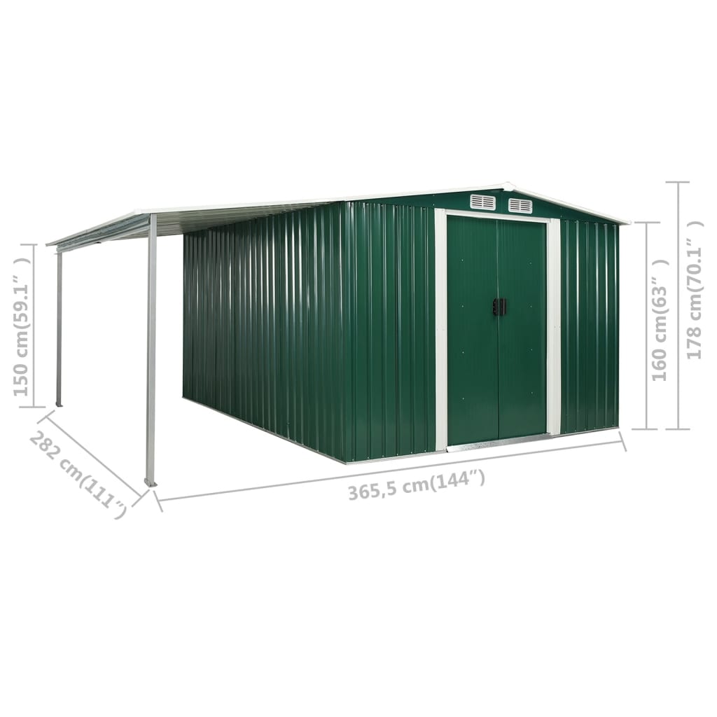 Garden Shed with Sliding Doors Green 386x312x178 cm Steel
