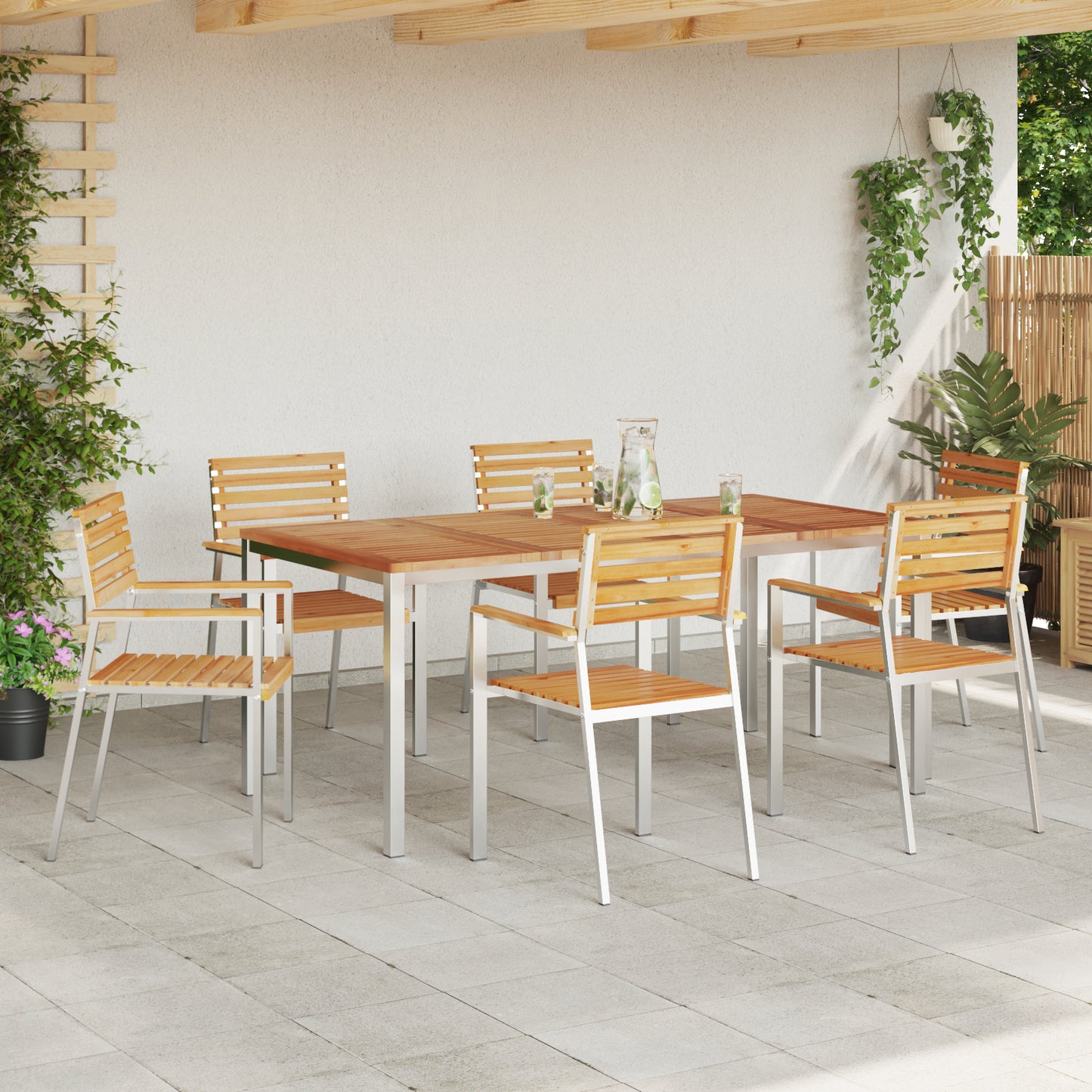 7 Piece Garden Dining Set Solid Wood Teak, vidaXL Outdoor Dining Table 180x90x75 cm Solid Wood Teak, vidaXL Stackable Garden Chairs 2 pcs Solid Wood Teak and Steel, vidaXL Stackable Garden Chairs 4 pcs Solid Wood Teak and Steel