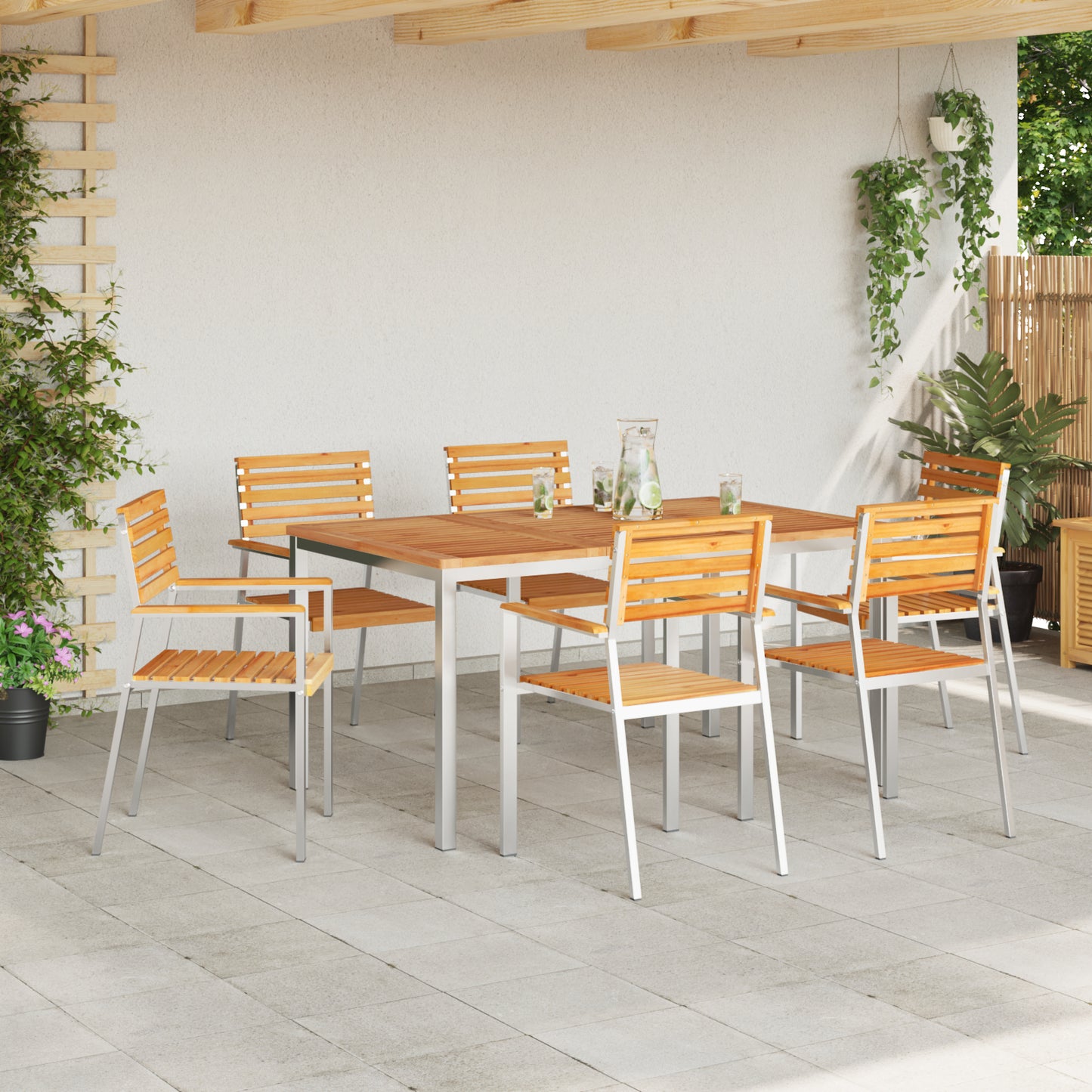 7 Piece Garden Dining Set Solid Wood Teak, vidaXL Outdoor Dining Table 150x90x75 cm Solid Wood Teak, vidaXL Stackable Garden Chairs 2 pcs Solid Wood Teak and Steel, vidaXL Stackable Garden Chairs 4 pcs Solid Wood Teak and Steel