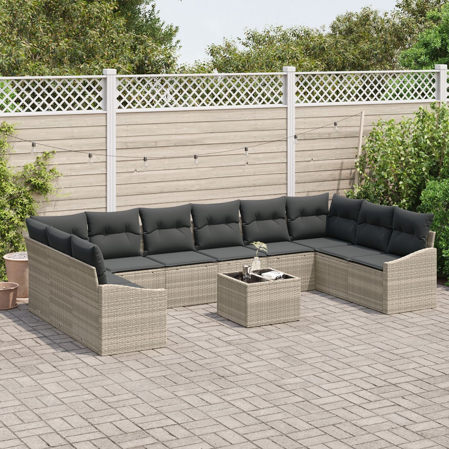 11 Piece Garden Dining Set with Cushions Grey Poly Rattan