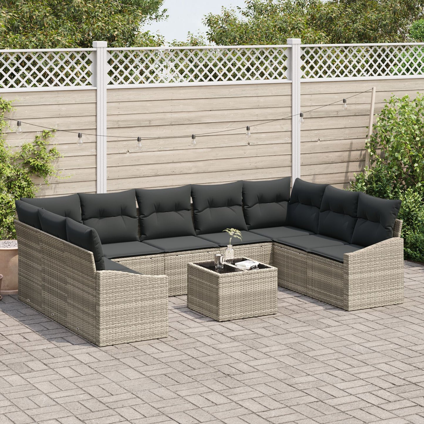 10 Piece Garden Dining Set with Cushions Grey Poly Rattan