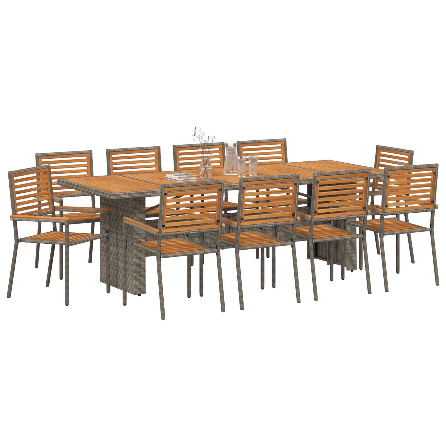 11 Piece Garden Dining Set Grey Poly Rattan Acacia, vidaXL Stacking Garden Chairs with Cushions 2 pcs Grey Poly Rattan