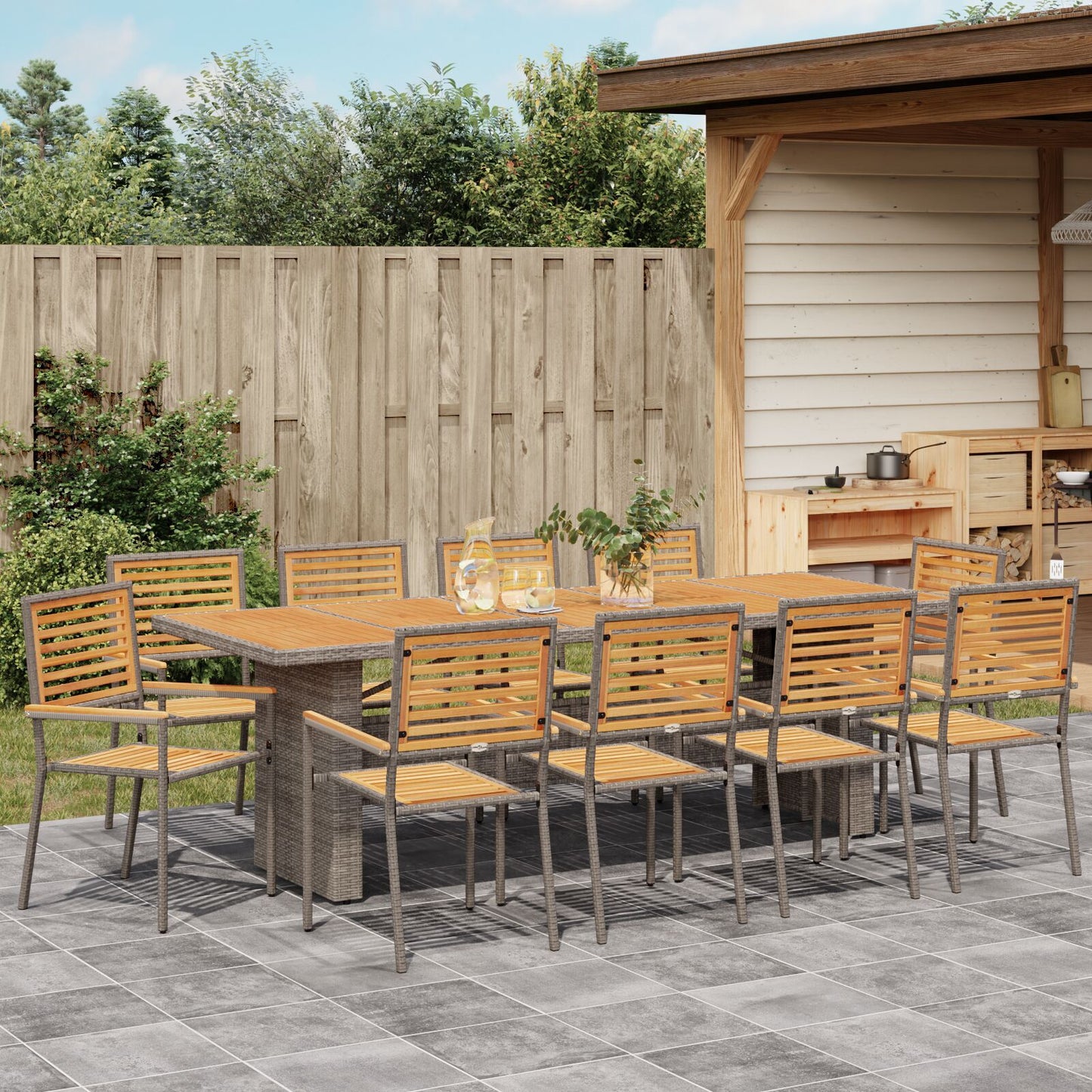 11 Piece Garden Dining Set Grey Poly Rattan Acacia, vidaXL Stacking Garden Chairs with Cushions 2 pcs Grey Poly Rattan