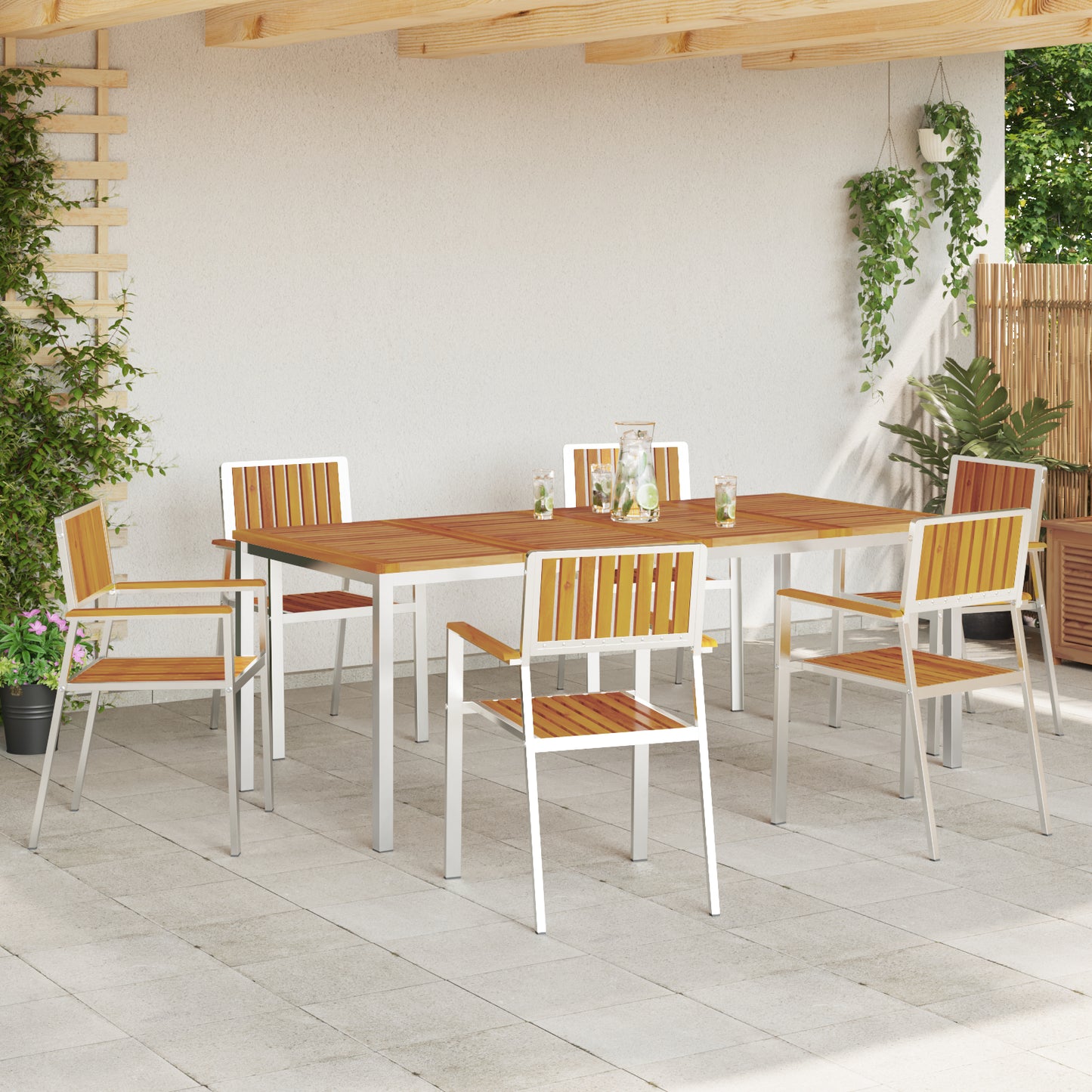 7 Piece Garden Dining Set Solid Wood Acacia, vidaXL Outdoor Dining Table 200x90x74.5 cm Solid Wood Acacia, vidaXL Stackable Garden Chairs 2 pcs Solid Wood Acacia and Metal, vidaXL Stackable Garden Chairs 4 pcs Solid Wood Acacia and Metal