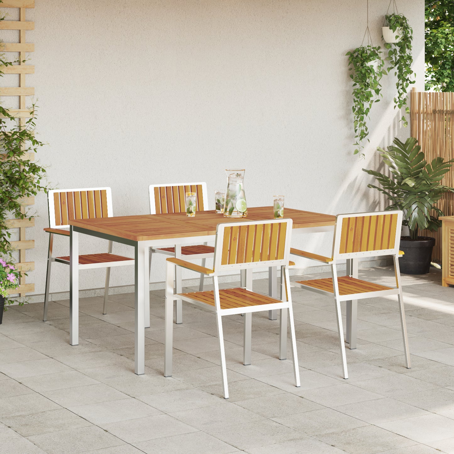 5 Piece Garden Dining Set Solid Wood Acacia, vidaXL Outdoor Dining Table 150x90x75 cm Solid Wood Acacia, vidaXL Stackable Garden Chairs 4 pcs Solid Wood Acacia and Metal