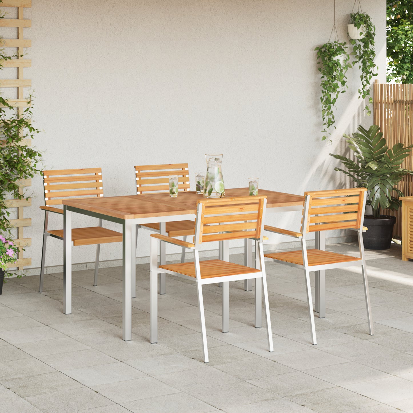 5 Piece Garden Dining Set Solid Wood Teak, vidaXL Outdoor Dining Table 150x90x75 cm Solid Wood Teak, vidaXL Stackable Garden Chairs 4 pcs Solid Wood Teak and Steel