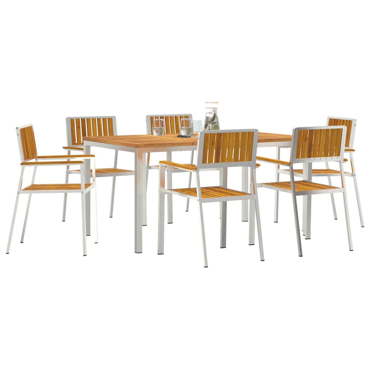7 Piece Garden Dining Set Solid Wood Acacia, vidaXL Outdoor Dining Table 150x90x75 cm Solid Wood Acacia, vidaXL Stackable Garden Chairs 2 pcs Solid Wood Acacia and Metal, vidaXL Stackable Garden Chairs 4 pcs Solid Wood Acacia and Metal
