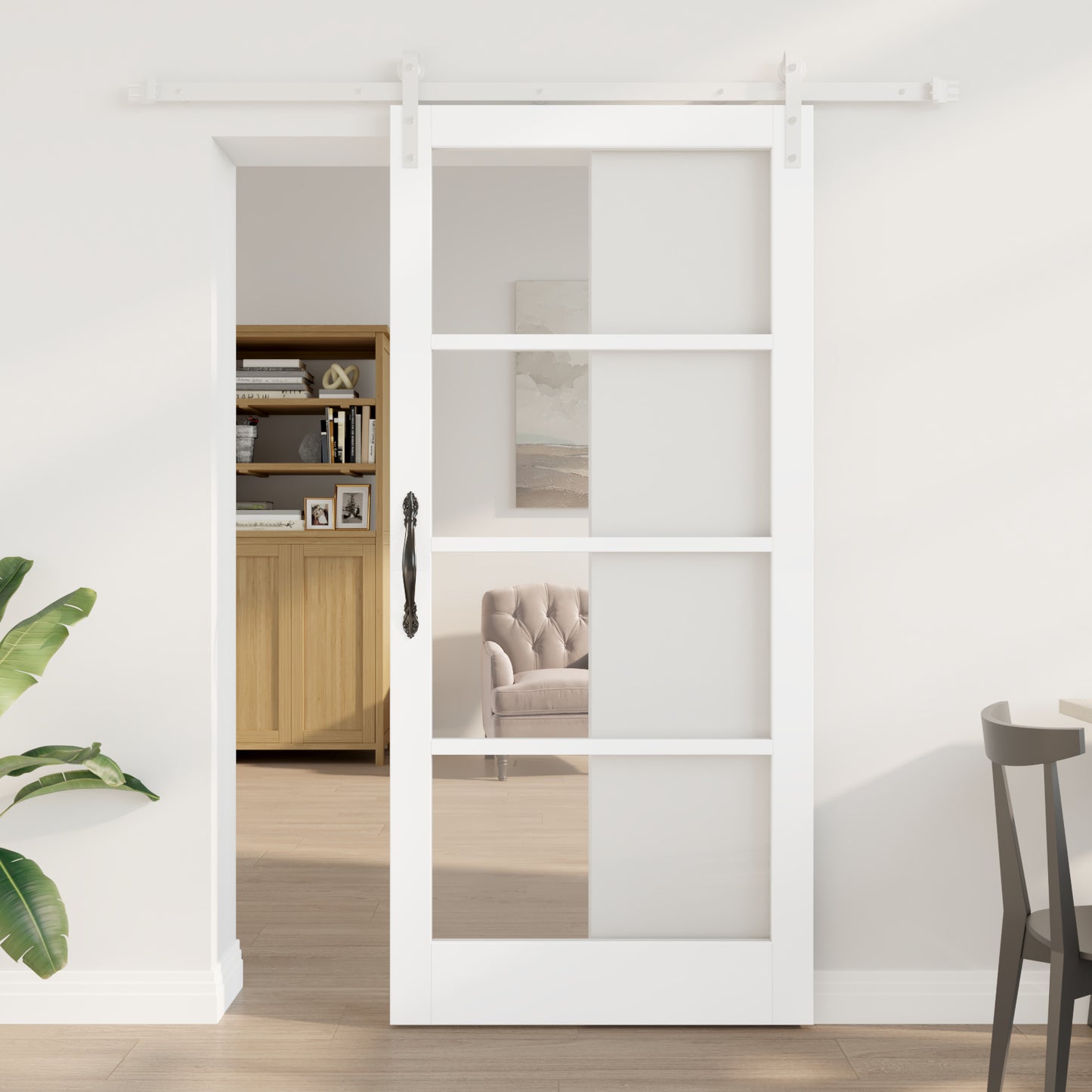 Sliding Door with Hardware Set "ORKDAL" White Solid Wood & Glass, vidaXL Interior Door with Glass "ORKDAL" White 93x202x4 cm