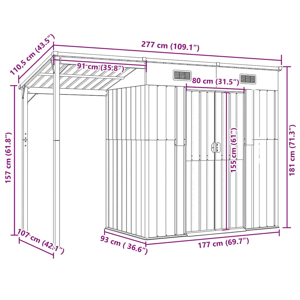 Garden Shed with Extended Roof Green 277x110.5x181 cm Steel