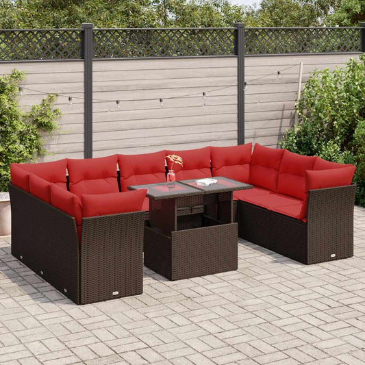 10 Piece Garden Sofa Set with Cushions Brown Poly Rattan Acacia