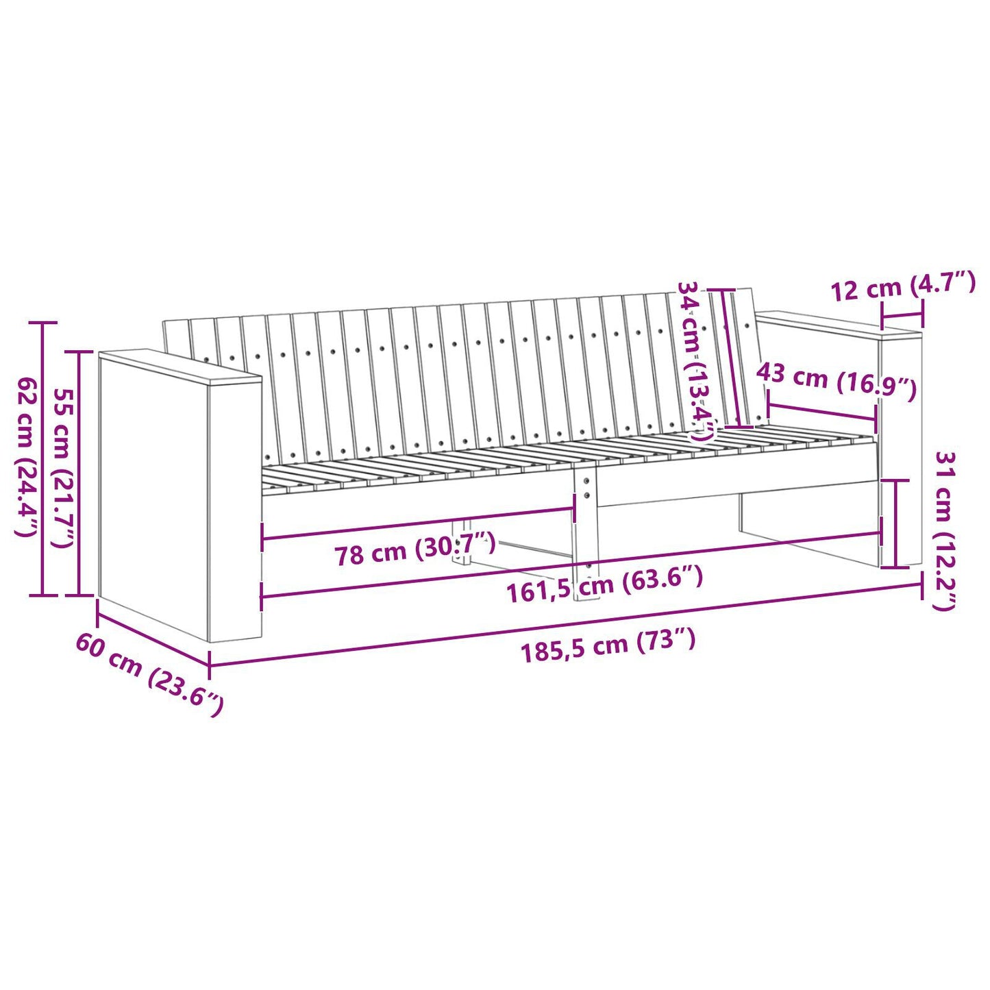 Garden Sofa 3-Seater White Wood Medium Durable Outdoor Sofa