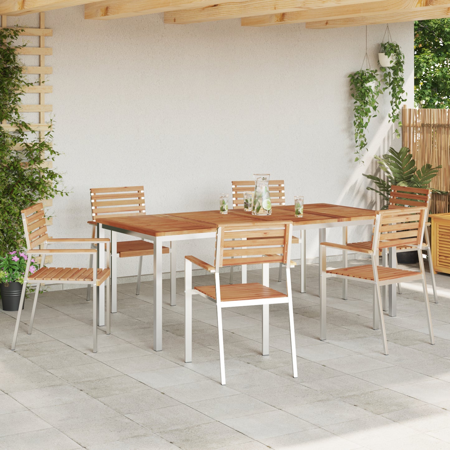 7 Piece Garden Dining Set Solid Wood Teak, vidaXL Outdoor Dining Table 200x90x74.5 cm Solid Wood Teak, vidaXL Stackable Garden Chairs 2 pcs Solid Wood Teak and Steel, vidaXL Stackable Garden Chairs 4 pcs Solid Wood Teak and Steel