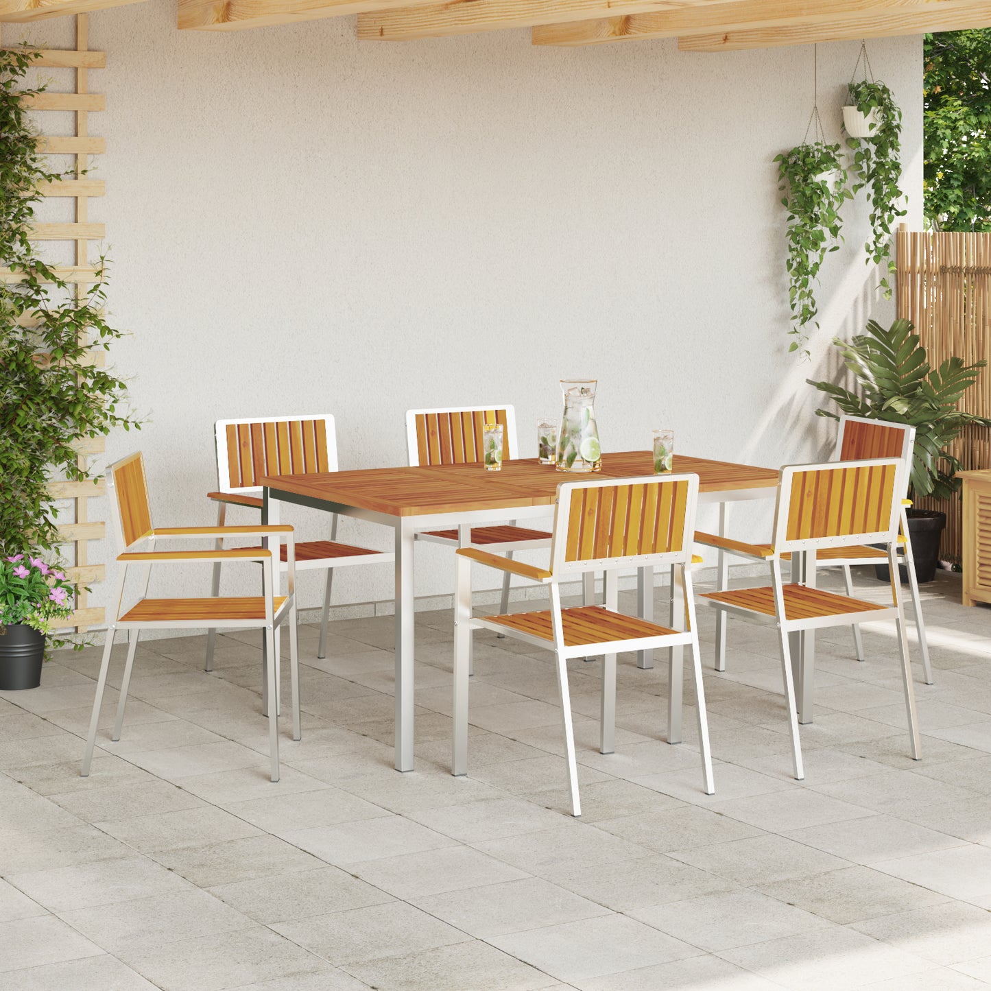 7 Piece Garden Dining Set Solid Wood Acacia, vidaXL Outdoor Dining Table 150x90x75 cm Solid Wood Acacia, vidaXL Stackable Garden Chairs 2 pcs Solid Wood Acacia and Metal, vidaXL Stackable Garden Chairs 4 pcs Solid Wood Acacia and Metal