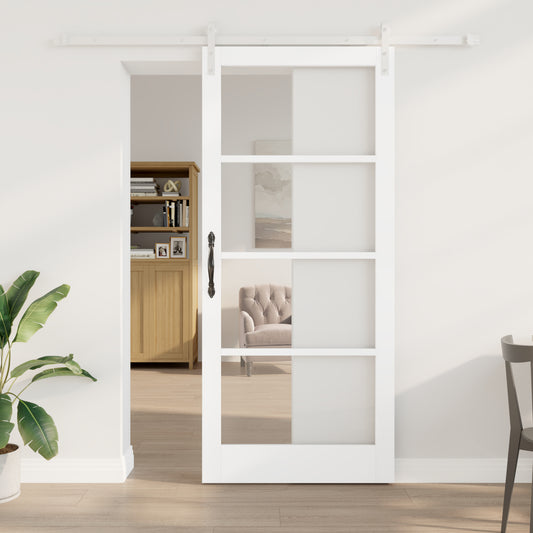 Sliding Door with Hardware Set "ORKDAL" White Solid Wood & Glass, vidaXL Interior Door with Glass "ORKDAL" White 93x211x4 cm