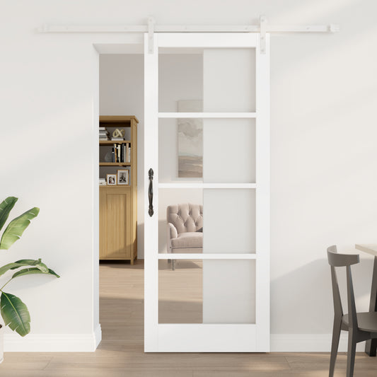 Sliding Door with Hardware Set "ORKDAL" White Solid Wood & Glass, vidaXL Interior Door with Glass "ORKDAL" White 83x211x4 cm