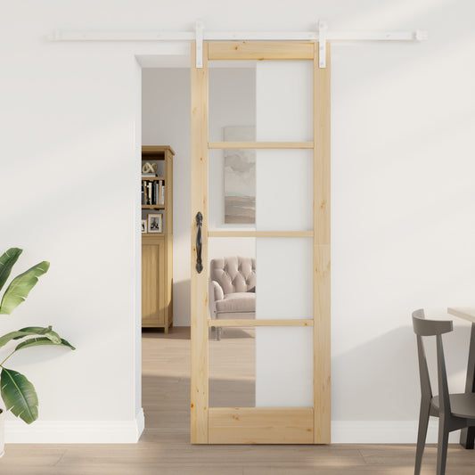 Sliding Door with Hardware Set "ORKDAL" Solid Wood & Glass, vidaXL Interior Door with Glass "ORKDAL" 73.5 x 211 x 4 cm Solid Wood Pine