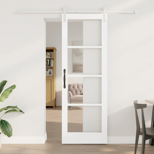 Sliding Door with Hardware Set "ORKDAL" White Solid Wood & Glass, vidaXL Interior Door with Glass "ORKDAL" White 73.5x211x4 cm