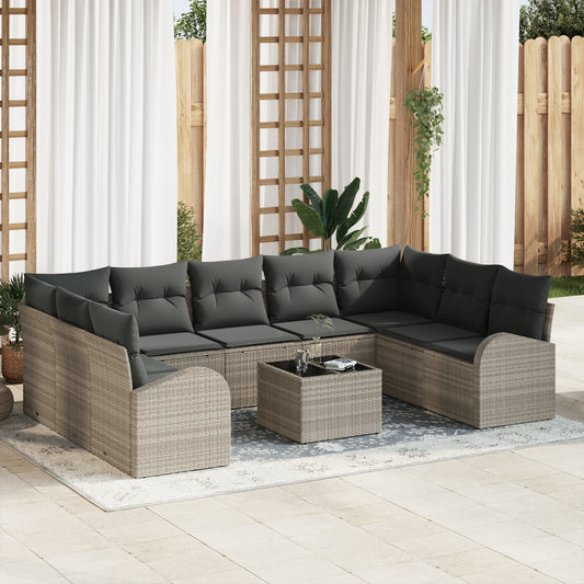 10 Piece Garden Sofa Set with Cushions Grey Poly Rattan