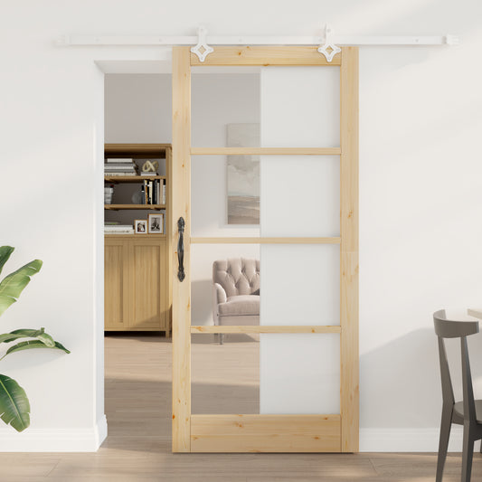 Sliding Door with Hardware Set 93x202 cm Solid Wood Pine, vidaXL Interior Door with Glass 'ORKDAL'93x202x4 cm Solid Wood Pine