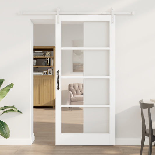 Sliding Door with Hardware Set "ORKDAL" White Solid Wood & Glass, vidaXL Interior Door with Glass "ORKDAL" White 93x202x4 cm
