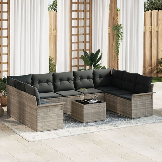 10 Piece Garden Sofa Set with Cushions Grey Poly Rattan