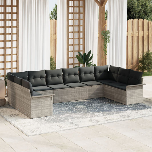 10 Piece Garden Sofa Set with Cushions Light Grey Poly Rattan