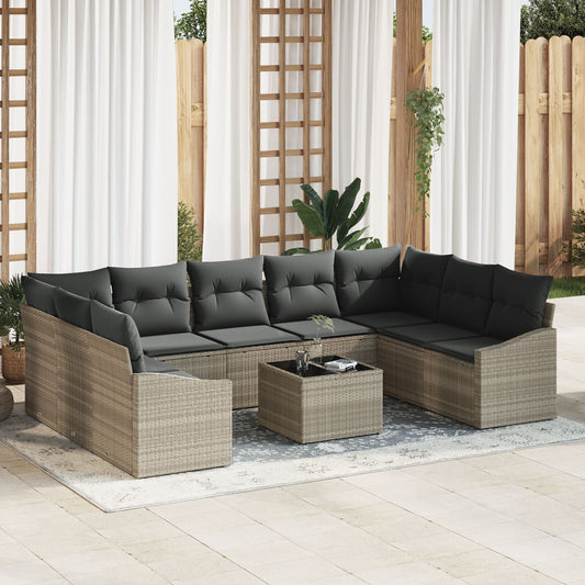 10 Piece Garden Dining Set with Cushions Grey Poly Rattan