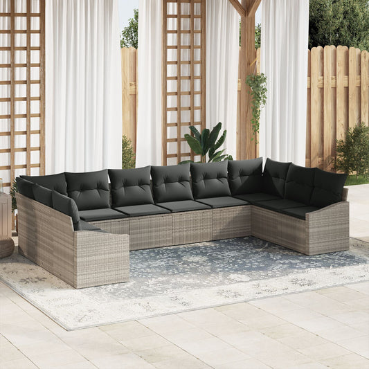 10 Piece Garden Dining Set with Cushions Light Grey Poly Rattan
