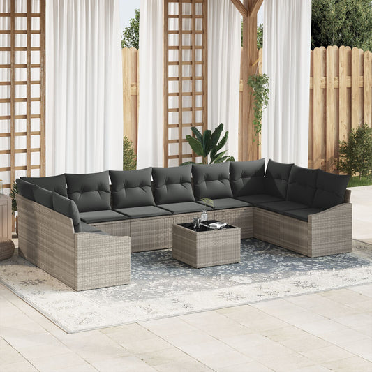 11 Piece Garden Dining Set with Cushions Grey Poly Rattan