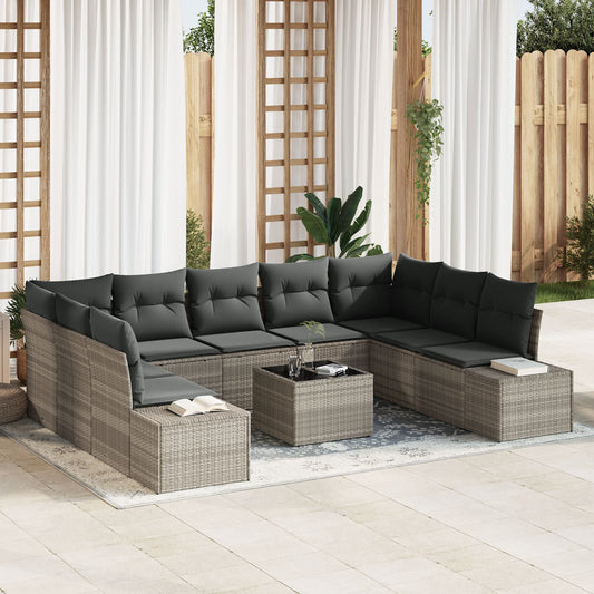 10 Piece Garden Sofa Set with Cushions Grey Poly Rattan