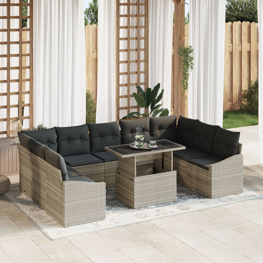 10 Piece Garden Sofa Set with Cushions Light Grey Poly Rattan