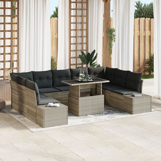 10 Piece Garden Sofa Set with Cushions Light Grey Poly Rattan